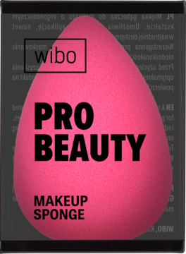 Różowa gąbeczka do makijażu Wibo Pro Beauty w kształcie łezki, z napisami, widok z przodu.