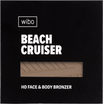 Wibo Beach Cruiser HD Bronzer do twarzy i ciała w czarnym pudełku, widok z przodu, z brązowym wkładem.