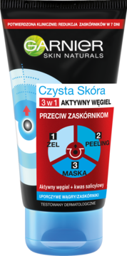Garnier Czysta Skóra 3w1 aktywny węgiel, czarno-niebieska tuba, żel-peeling-maska przeciw zaskórnikom.