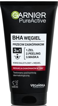 Garnier PureActive BHA Węgiel 3w1 żel-peeling-maska do twarzy w czarnej tubce, z kwasem salicylowym i węglem, widok z przodu.
