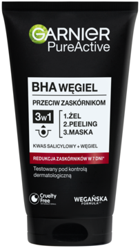 Czarne opakowanie Garnier PureActive 3w1 BHA Węgiel przeciw zaskórnikom, frontalny widok produktu.