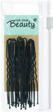 Opakowanie 20 czarnych, falowanych szpilek do koka For Your Beauty w przezroczystym blisterze.