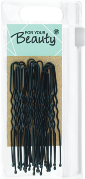 Opakowanie 20 czarnych, falowanych szpilek do koka For Your Beauty w przezroczystym blisterze.