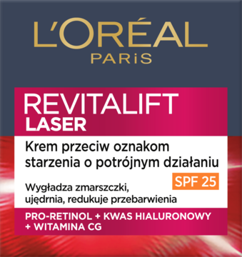 L'Oréal Paris Revitalift Laser krem przeciwzmarszczkowy z SPF 25. Granatowo-różowe opakowanie, przód.