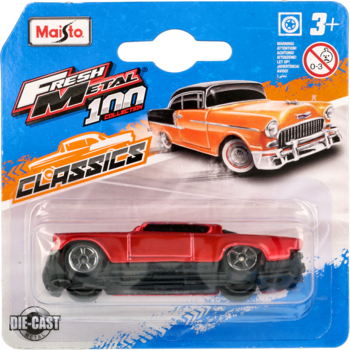 Zabawkowe autko Maisto Fresh Metal M100 Classics, czerwony metalowy model w blistrze, na niebiesko-białym kartoniku.