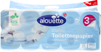 Alouette Classic Toilettenpapier, 3-warstwowy, 10 rolek po 200 listków, miękki, w niebieskim opakowaniu z białymi kwiatami.