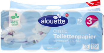 Alouette Classic Toilettenpapier, 3-warstwowy, 10 rolek po 200 listków, miękki, w niebieskim opakowaniu z białymi kwiatami.