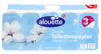 Alouette Classic 3-warstwowy papier toaletowy, 10 rolek, miękki, w błękitnym opakowaniu z białym wzorem kwiatowym.