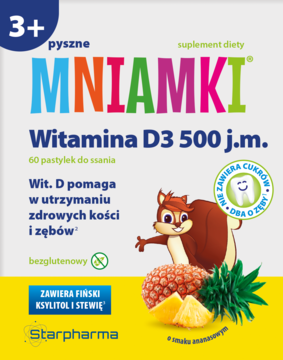 Mniamki Witamina D3 500 j.m., suplement dla dzieci 3+, pastylki bez cukru z ksylitolem i stewią, na zdrowe kości i zęby, front.