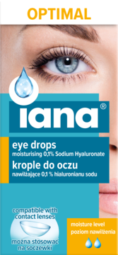 Błękitne opakowanie kropli do oczu Iana Optimal, z okiem i 0,1% hialuronianem sodu, kompatybilne z soczewkami.
