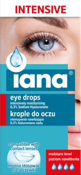 Iana Intensive krople do oczu, nawilżające z 0,3% hialuronianu sodu, biało-niebieskie, do soczewek.