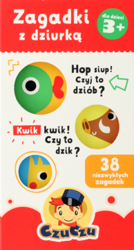 Zagadki z dziurką Czuczu dla dzieci 3+, białe pionowe opakowanie z kolorowymi ilustracjami zwierząt i 38 zagadkami.