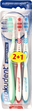 Zestaw 3 miękkich szczoteczek Prokudent Interdental w blistrze: zielona, czerwona, niebieska, z ofertą 2+1.