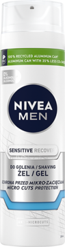 NIVEA MEN Sensitive Żel do golenia w białej aluminiowej puszce, widok z przodu, ochrona przed mikro-zacięciami.