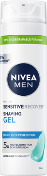 Biały żel do golenia NIVEA MEN Sensitive Recovery w puszce, z zielonym paskiem 99% biodegradowalny, widok z przodu.