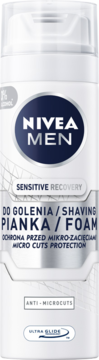 Biała tuba NIVEA MEN Sensitive Recovery Shaving Foam, front, z napisem Anti-Microcuts i Ultra Glide.