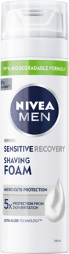 Nivea Men Sensitive Recovery Shaving Foam, biała butelka, widok z przodu, biodegradowalna, ochrona przed podrażnieniami.