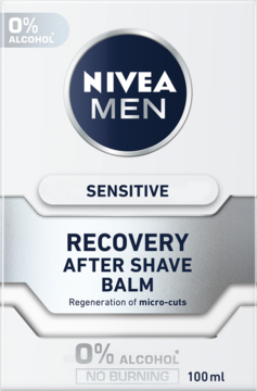 Nivea Men Sensitive Recovery After Shave Balm 100ml, białe opakowanie bez alkoholu dla wrażliwej skóry, widok z przodu.