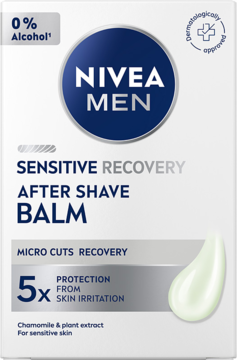 NIVEA MEN Sensitive Recovery After Shave Balm, białe opakowanie, widok z przodu, z niebieskim logo i 0% alkoholu.