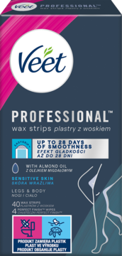 Veet Professional wax strips for sensitive skin, dark blue box with pink stripe, 40 strips, almond oil.