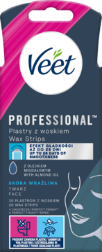 Opakowanie Veet PROFESSIONAL plastry do depilacji twarzy, skóry wrażliwej, z olejkiem migdałowym, widok z przodu.
