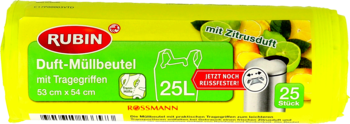 Opakowanie żółtych worków na śmieci Rubin 25L z cytrusowym zapachem, 25 sztuk, widok z przodu.