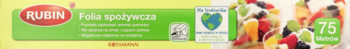 Zielono-żółte opakowanie folii spożywczej RUBIN 75m, z recyklingowym logo i kolorowym wzorem.