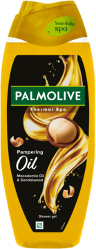 Żel pod prysznic Palmolive Thermal Spa Pampering Oil, żółta butelka z orzechem makadamia, widok z przodu.