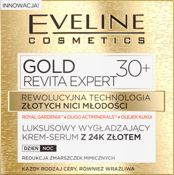 Eveline Gold Revita Expert 30+ luksusowy krem-serum z 24K złotem do twarzy w złotym kartoniku, z przodu.