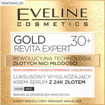 Eveline Gold Revita Expert 30+ wygładzający krem-serum z 24K złotem, dzień/noc, redukcja zmarszczek.