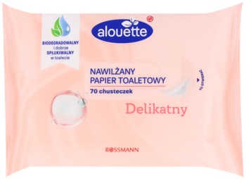 Różowe opakowanie Alouette Nawilżany Papier Toaletowy Delikatny, biodegradowalny, 70 chusteczek, widok z przodu.