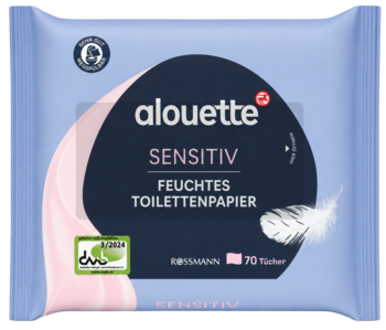 Alouette Sensitiv Feuchtes Toilettenpapier, niebiesko-różowe, miękkie opakowanie z białym napisem i piórkiem, 70 sztuk, widok z przodu.