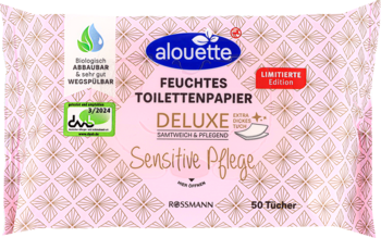 Różowe opakowanie Alouette DELUXE Sensitive mokrego papieru toaletowego, z przodu, napis Limited Edition, 50 sztuk.