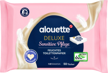 Różowe opakowanie Alouette Deluxe Sensitive Pflege Feuchtes Toilettenpapier, z kremowymi wzorami, widok z przodu.