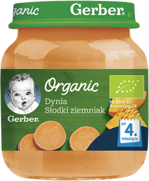 GERBER Organic ,zupka w słoiczku, Dynia i Słodki Ziemniak, po 4.m-cu,przód