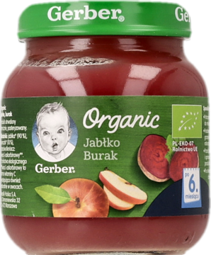 Szklany słoiczek Gerber Organic jabłko burak, przecier dla niemowląt, zielona nakrętka, etykieta z owocami, frontalny widok.