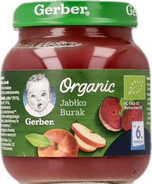 Szklany słoiczek Gerber Organic jabłko burak, przecier dla niemowląt, zielona nakrętka, etykieta z owocami, frontalny widok.