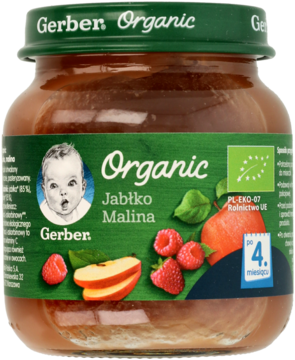 Gerber Organic, deser owocowy jabłko malina dla niemowląt po 4 miesiącu, w szklanym słoiczku z zieloną etykietą.