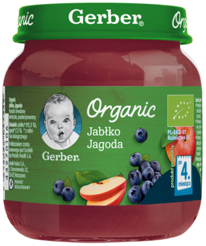 Gerber Organic jabłko jagoda, owocowy deserek w szklanym słoiczku z zieloną nakrętką, widok z przodu.