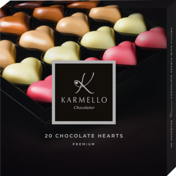 Karmello Chocolatier, czarne pudełko z 20 premium serduszkami czekoladowymi z nadzieniem.