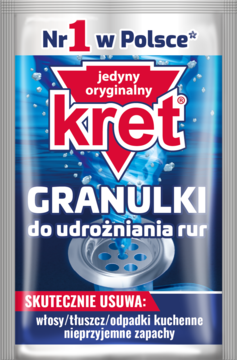 Srebrna saszetka Kret Granulki do udrożniania rur, "Nr 1 w Polsce", niebiesko-czerwony design, widok z przodu.
