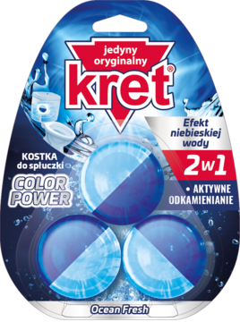 Blister Kret 2w1 kostek do WC Ocean Fresh, z trzema niebiesko-białymi tabletkami do spłuczki.