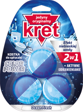 Blister Kret 2w1 kostek do WC Ocean Fresh, z trzema niebiesko-białymi tabletkami do spłuczki.