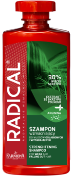 Czerwony szampon Radical z ekstraktem ze skrzypu i argininą, do włosów osłabionych i wypadających, widok z przodu.