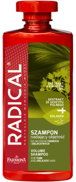 Czerwona butelka szamponu Radical Volume do cienkich włosów, widok z przodu, z zieloną etykietą.