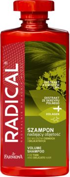 Farmona Radical Volume Shampoo w czerwonej butelce z zielono-czerwoną etykietą, widok z przodu.