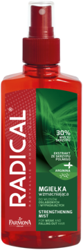 Czerwona butelka Radical Strengthening Mist, mgiełka wzmacniająca przeciw wypadaniu włosów, widok z przodu.