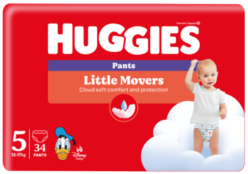 Czerwone opakowanie Huggies Little Movers Pants rozmiar 5 (34 szt.), widok z przodu, z niemowlęciem i Donaldem.