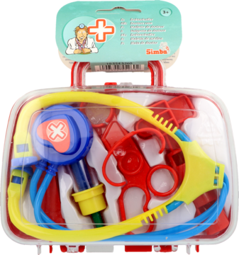Walizka lekarza Simba Toys z przezroczystym wieczkiem, pełna kolorowych zabawek: stetoskop, strzykawka, nożyczki, widok z przodu.