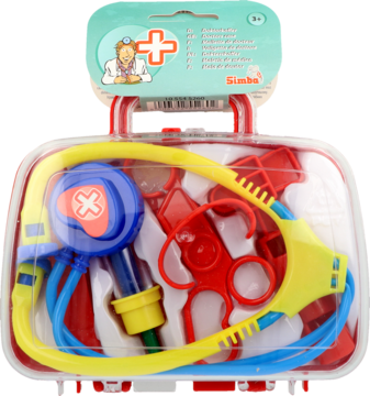 Walizka lekarza Simba Toys z przezroczystym wieczkiem, pełna kolorowych zabawek: stetoskop, strzykawka, nożyczki, widok z przodu.